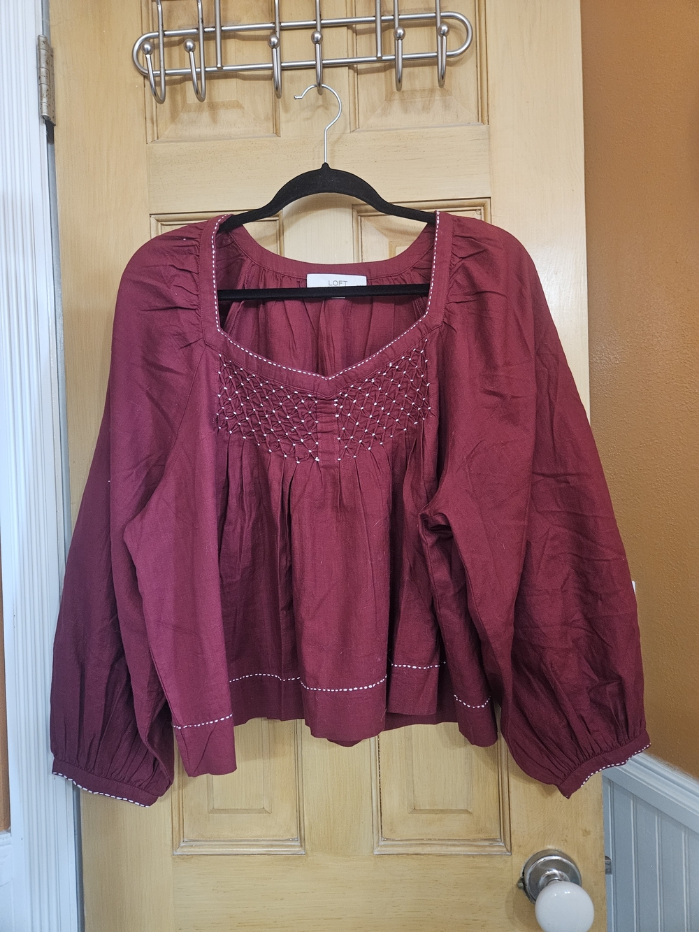 LOFT Burgundy Embroidered Smocked Square-Neck Blouse - Petite